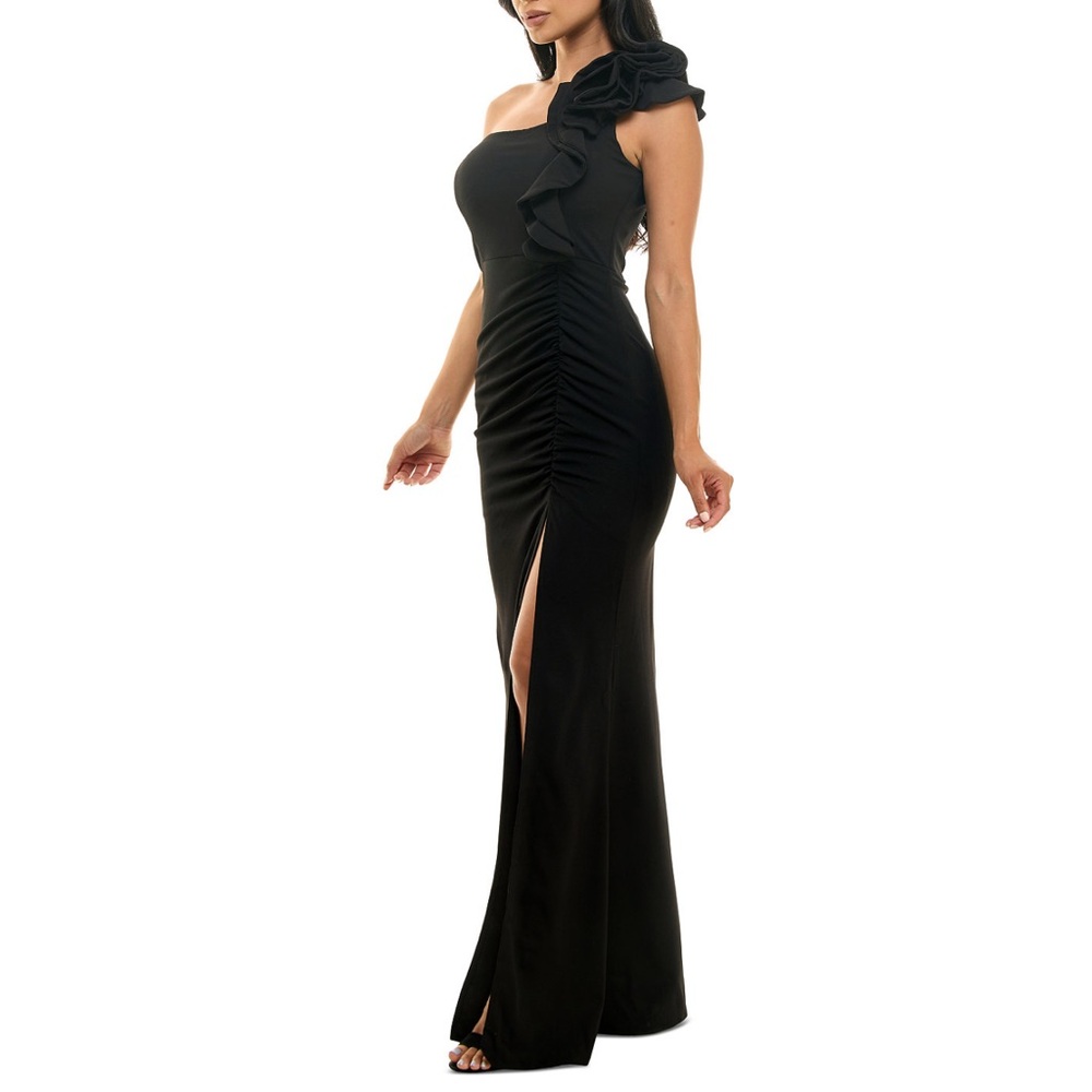 Emerald Sundae Juniors' Ruffled One-Shoulder Gown Black Dress